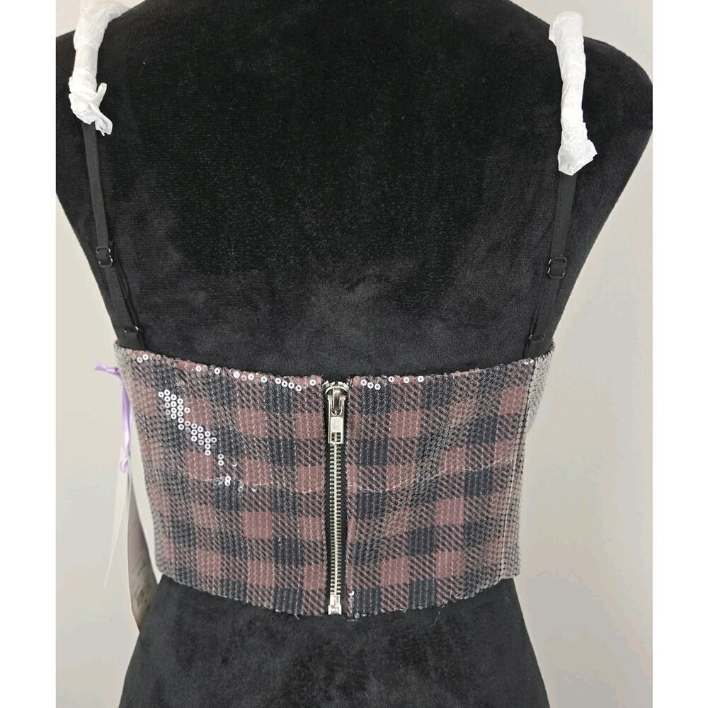 Johnny Wujek Sequin Crop Top Bow Front Zip Back Jrs Sz 11 Plaid Black Brown GLAM - Picture 8 of 15
